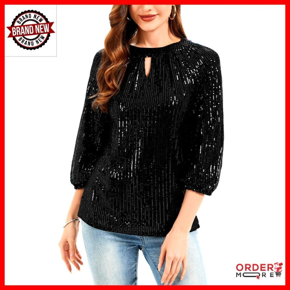 Elegant Sparkly Sequin Top 3/4 Sleeve Glitter Dressy Keyhole Blouse Club Party